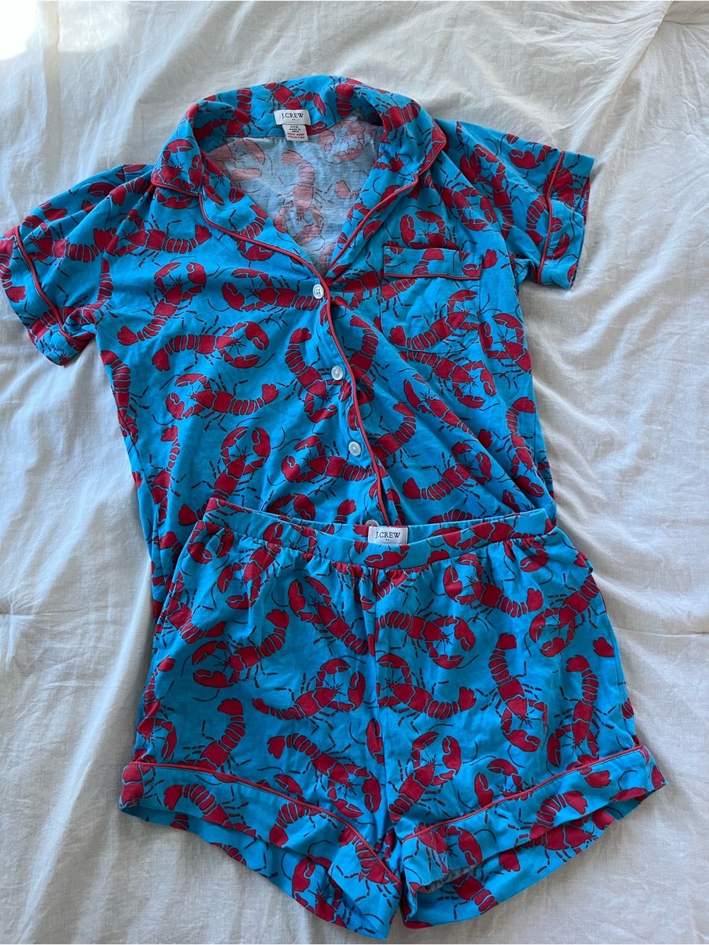 J. Crew Blue Short Lobster Pajama Set with Red Print